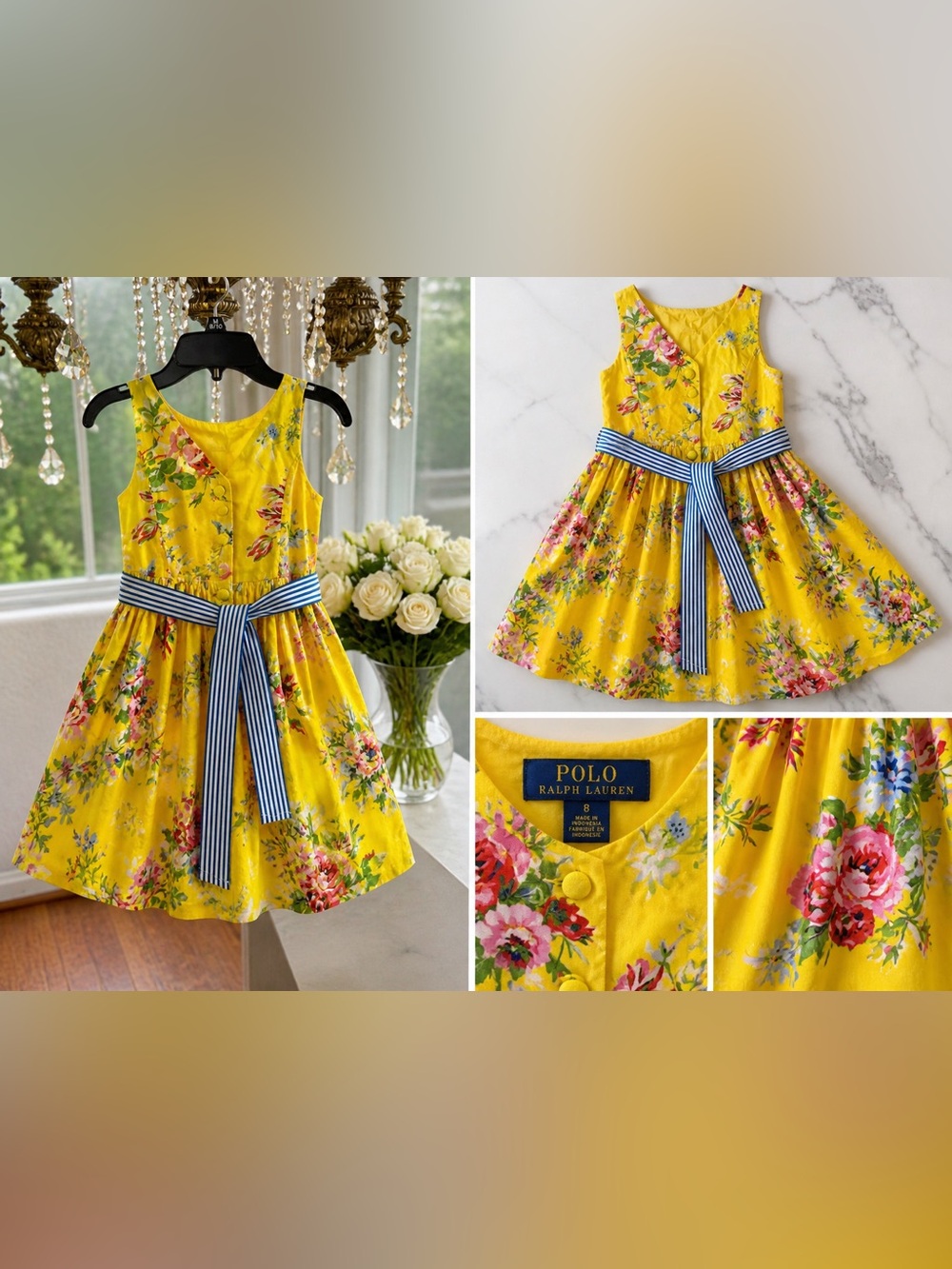 Polo by Ralph Lauren Yellow Floral Cotton Dress with Blue Stripe Sash